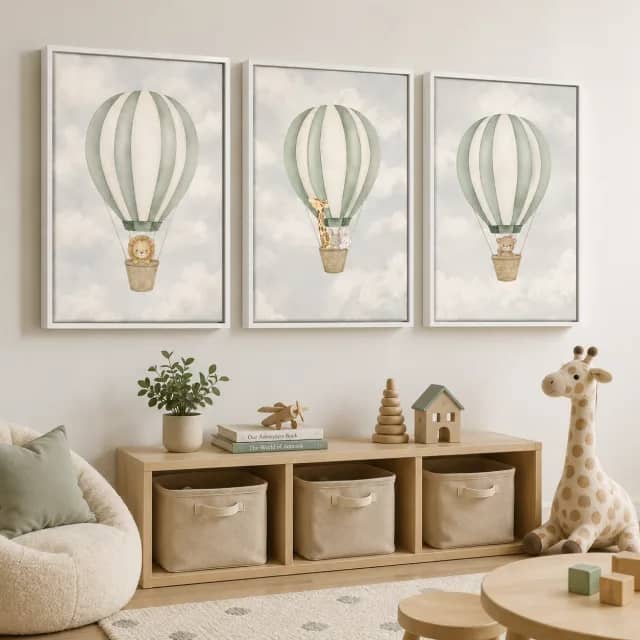 Three-piece balloon kids artwork above a wood toy shelf in a soft playroom
