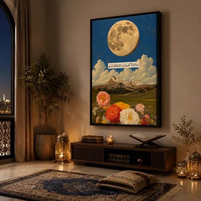 Spiritual wall art with golden moon and Arabic supplication in an evening prayer corner