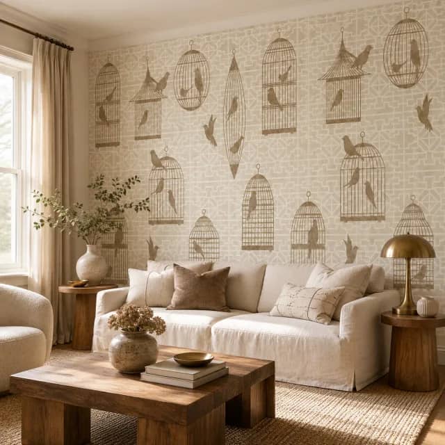 Beige birdcage wallpaper installed in an elegant living room