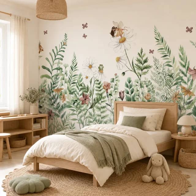 Watercolor fairy garden mural in a calm natural-wood kids bedroom