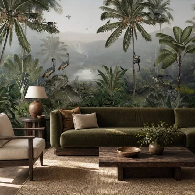 Panoramic tropical jungle mural in a refined living room