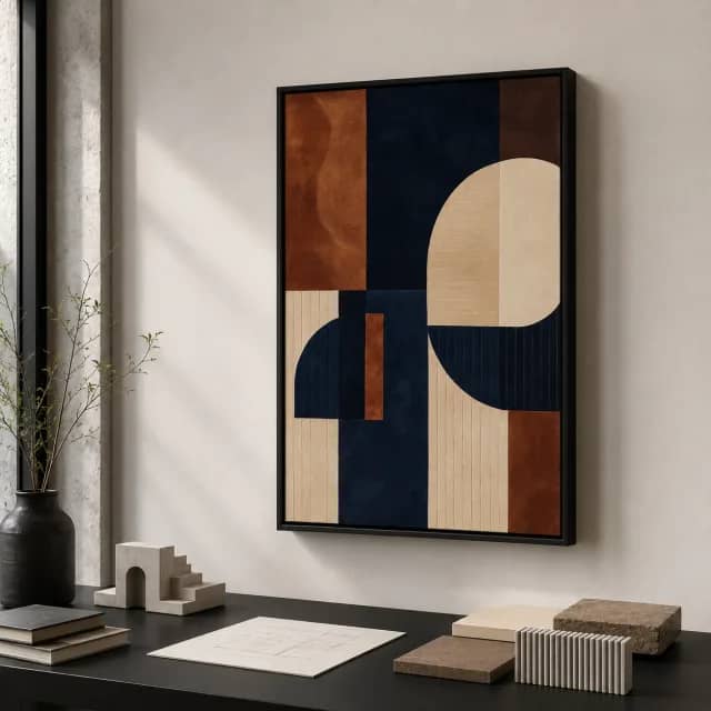 Copper and Navy Orbits wall art in a black floater frame in a modern design studio