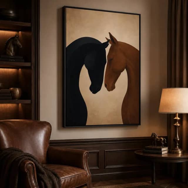 Horse artwork in a black frame inside a warm classic lounge corner