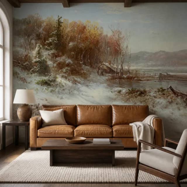 Classical winter landscape mural in a warm living room