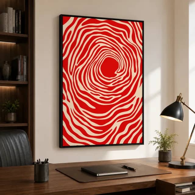Crimson Orbit in a black frame behind a wooden desk in an elegant office