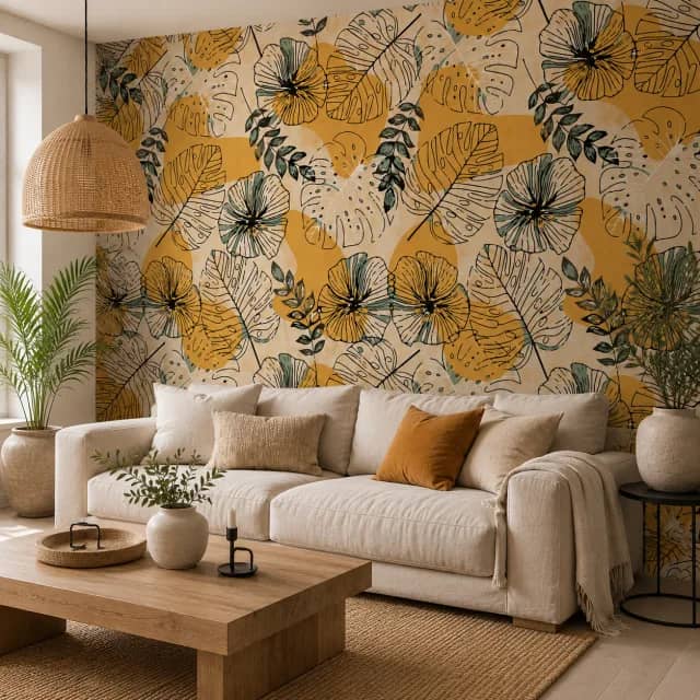 Yellow monstera wallpaper behind a linen sofa in a living room