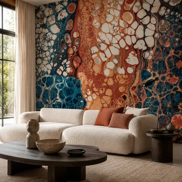 Abstract marbled wallpaper behind an ivory sofa in a modern living room