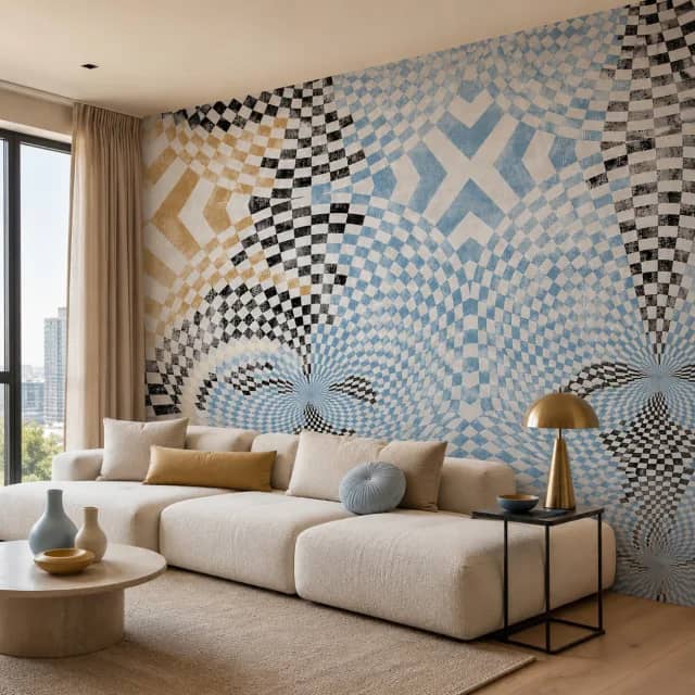 Geometric checker mural behind a modern lounge sofa
