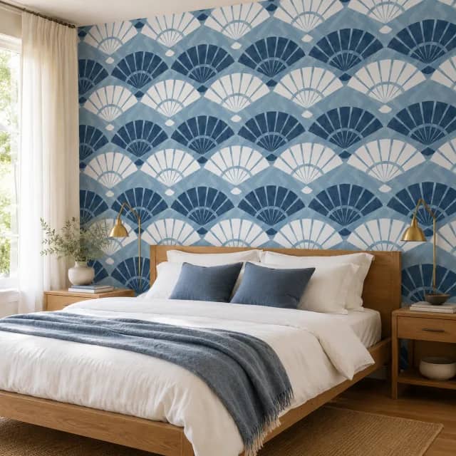 Blue fan wallpaper installed behind a wood bed in a calm bedroom