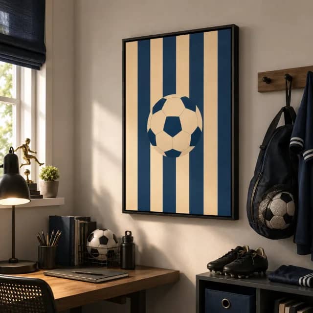 Little Goal wall art in a black frame in a teen sports corner above an organized desk