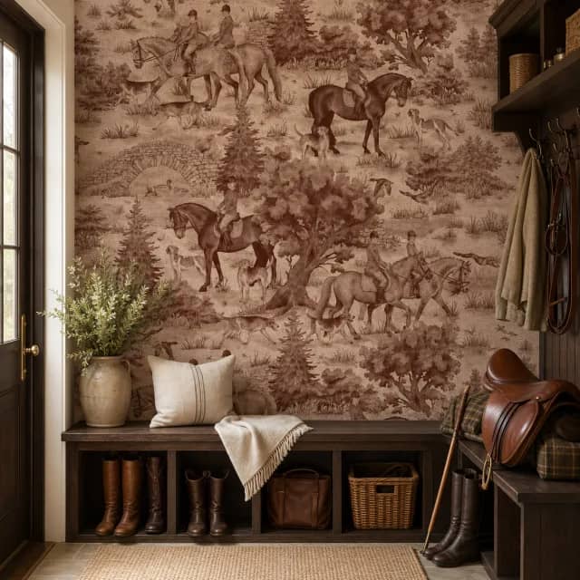 Equestrian toile mural in a refined English country mudroom