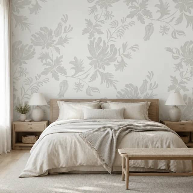 Ivory botanical mural behind a bed in a serene bedroom