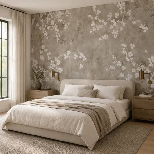 White blossom wallpaper installed behind a calm modern bed