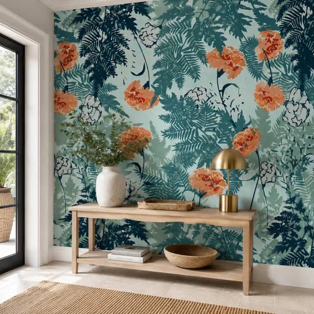 Teal botanical wallpaper installed behind a wood console in a bright entryway