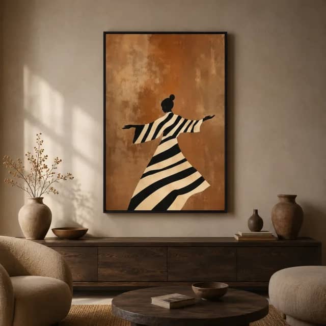 Copper Rhythm displayed in a modern living room with warm wall tones and a black frame