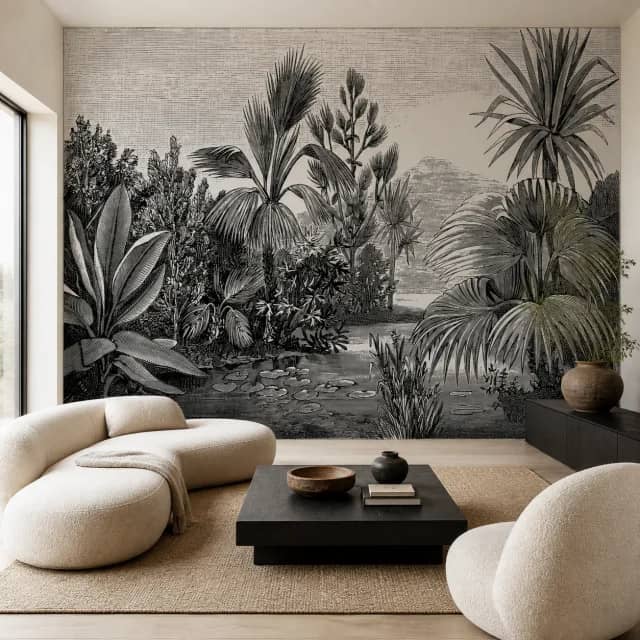Black-and-white tropical mural in a living room