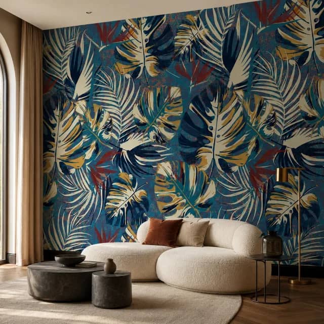 Tropical leaf wallpaper in a modern lounge corner