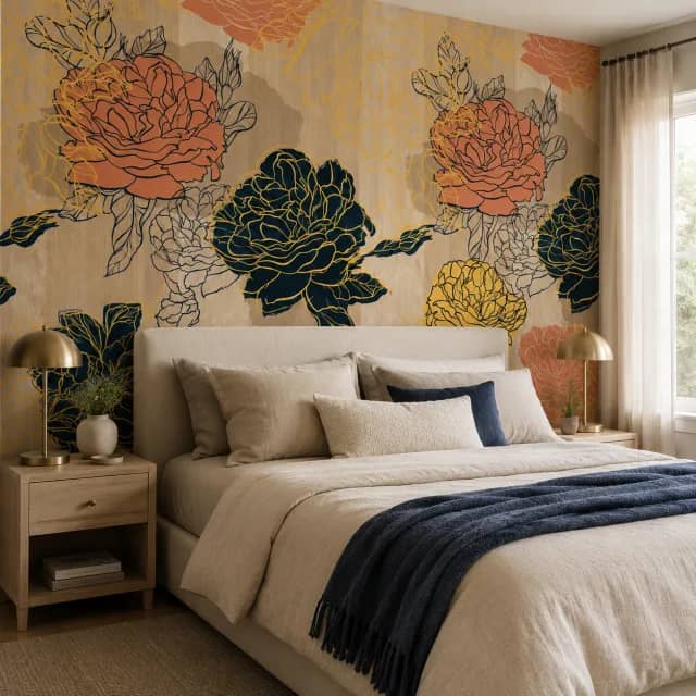 Beige floral wallpaper installed behind an elegant bed with navy accents
