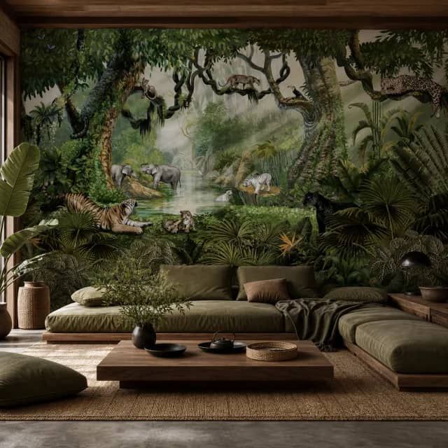 Jungle wildlife mural in a dramatic tropical living room