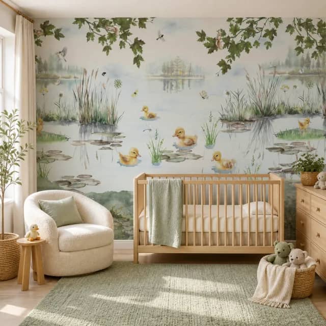 Little duckling pond mural installed behind a natural wood crib