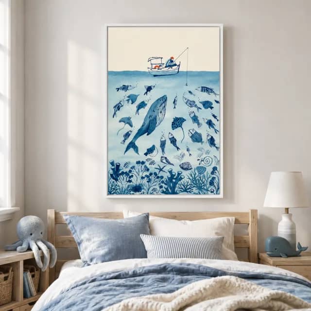 Journey Beneath the Waves above a wooden bed in a calm child's bedroom