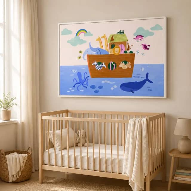 Little Ark Friends in a white floater frame above a calm nursery crib