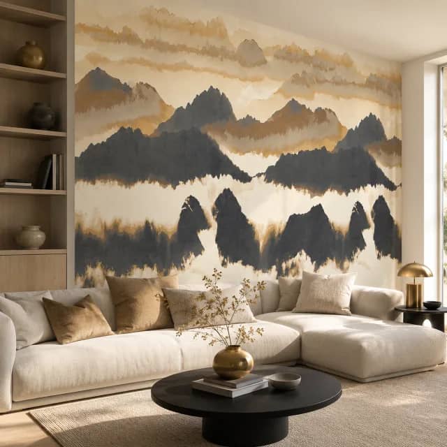 Gray and gold watercolor mountain mural wallpaper in a modern living room