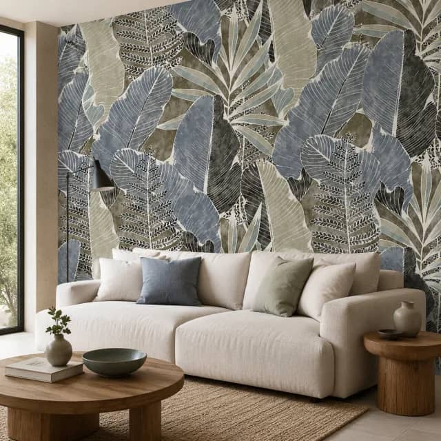 Muted tropical leaves wallpaper installed in a modern living room