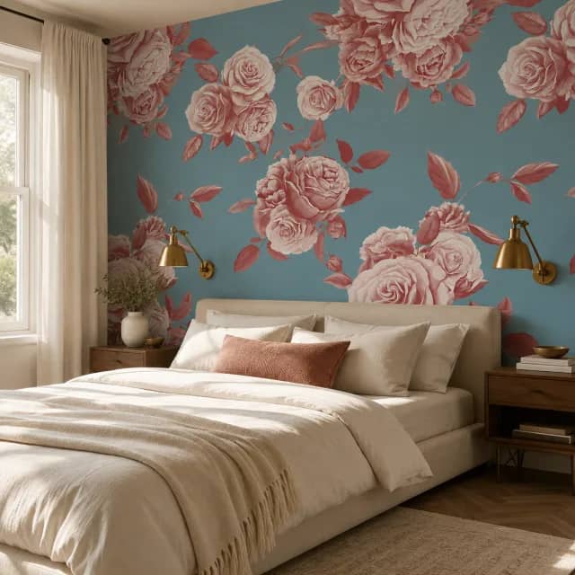 Soft Teal Roses wallpaper behind a bed in a warm bedroom