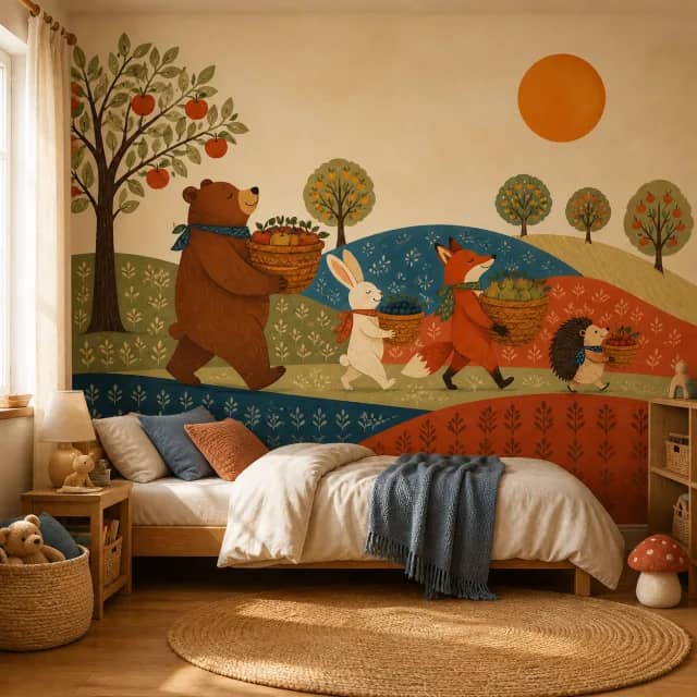 Woodland harvest parade mural in a warm children's bedroom