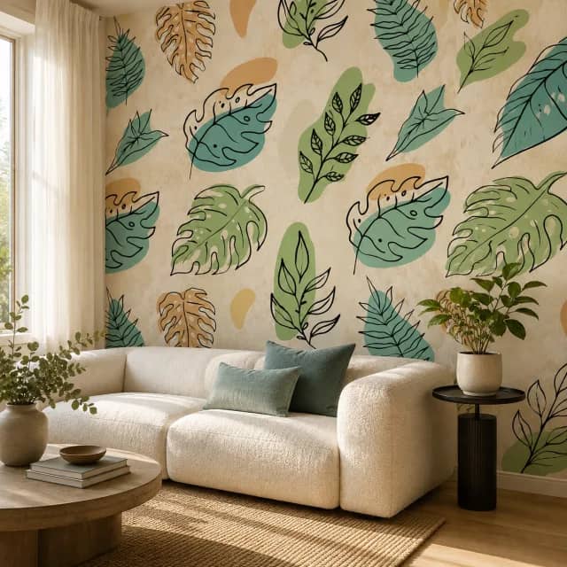 Tropical leaves wallpaper installed behind a cream sofa in a modern living room
