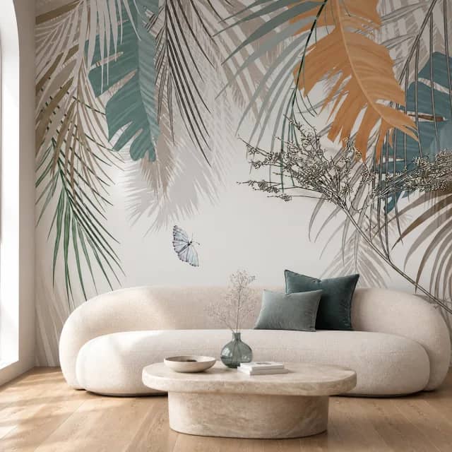 Tropical Whisper mural behind a cream sofa in a refined living room