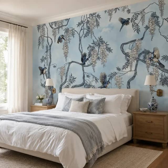 Blue birds and white blossoms wallpaper behind a bed