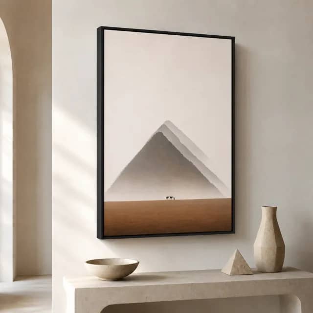 Quiet Pyramid Haze in a black frame in a serene boutique hotel corner
