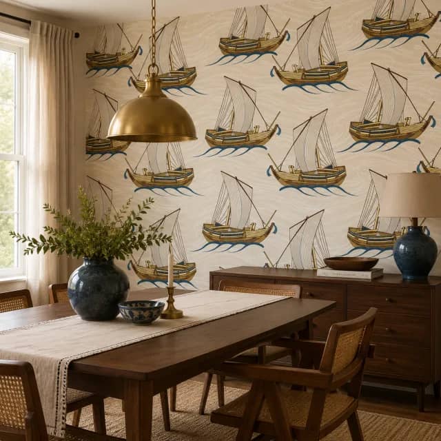 Sailing dhow wallpaper installed on an elegant wood dining room wall
