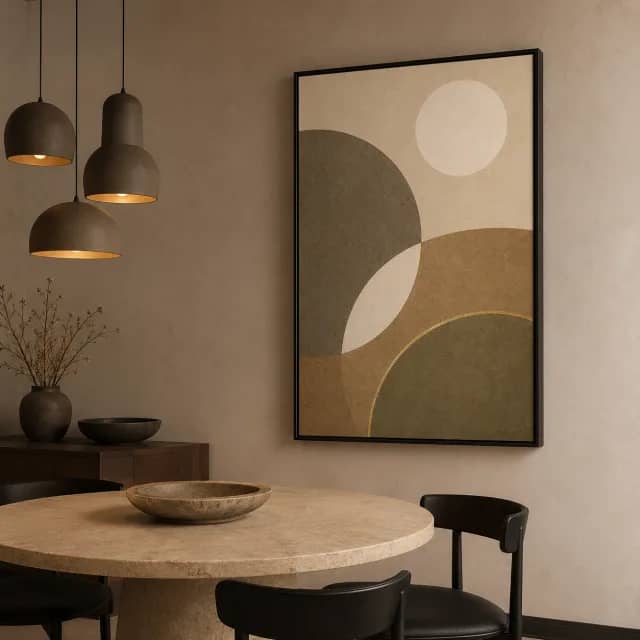Quiet Orbits canvas in a black floater frame above a modern dining nook with warm lighting