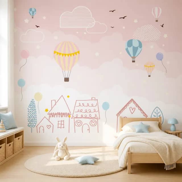 Pink balloon wallpaper in a toddler bedroom with light wood furniture