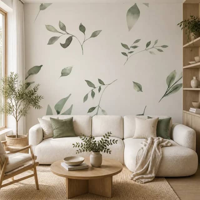 Sage botanical wallpaper mural in a neutral Scandinavian living room