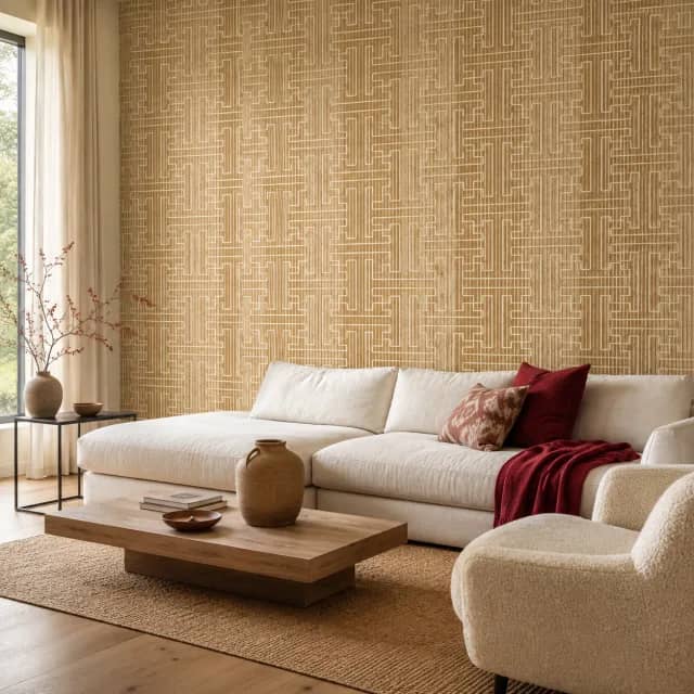 Beige geometric wallpaper installed behind an ivory sofa in a modern living room