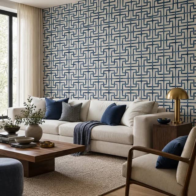 Blue geometric wallpaper installed in a contemporary living room