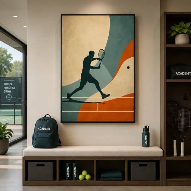 Black-framed kids tennis wall art above a teen study desk