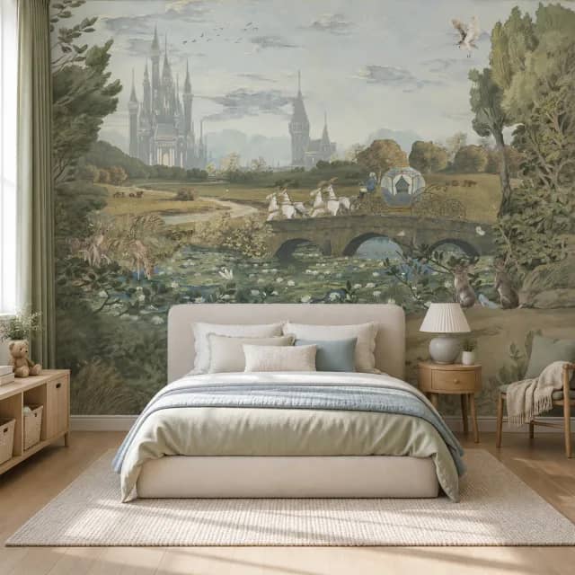 Fairytale castle and carriage mural in a children's bedroom with soft cream and blue furnishings