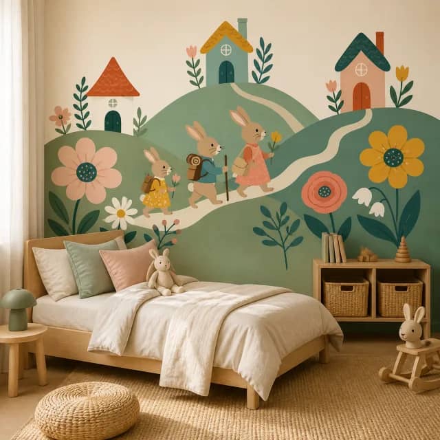 Rabbit Hill Adventure mural in a children's bedroom