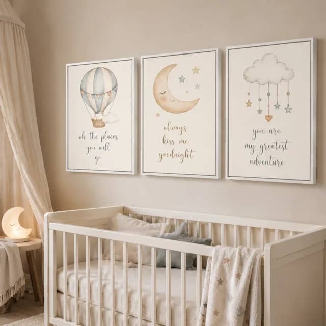 Little Sleep Journey three-piece nursery art in white frames above a crib