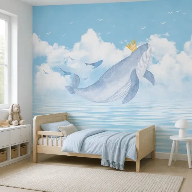 Blue whale wallpaper in a child's bedroom with light wood furniture