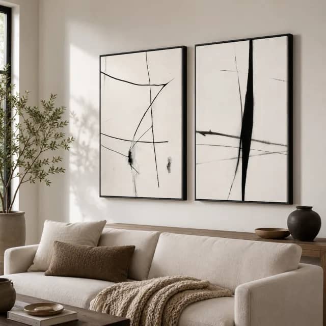 Quiet Ink Rhythm in black frames in a contemporary living room
