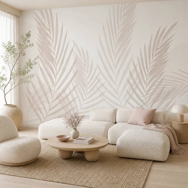 Minimal blush palm mural in an airy Japandi living room