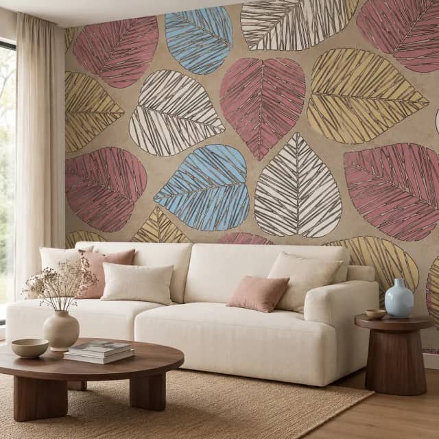 Botanical leaves wallpaper behind a sofa in a calm living room