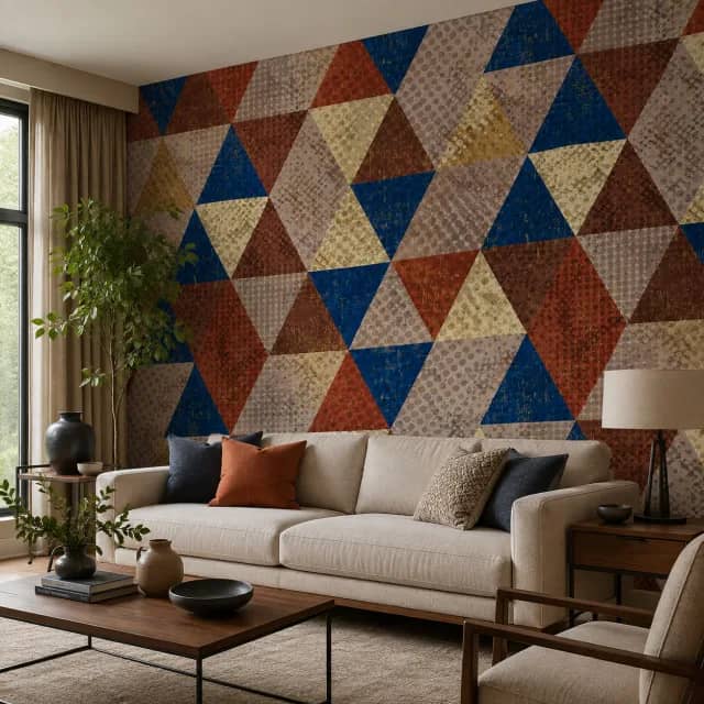 Distressed geometric triangle wallpaper in a modern living room