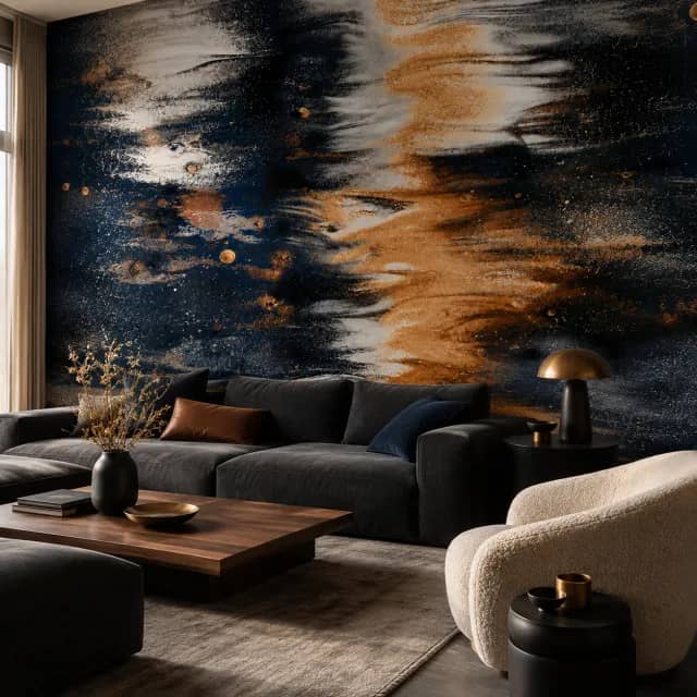 Navy copper abstract wallpaper installed in a modern lounge